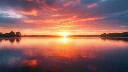 Fototapeta premium serene lakeside at sunrise, showcasing the orange and pink hues reflecting upon the calm water