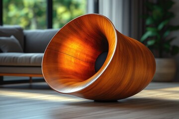 A wooden object sits on top of a hardwood floor, ideal for use in home decor or design projects