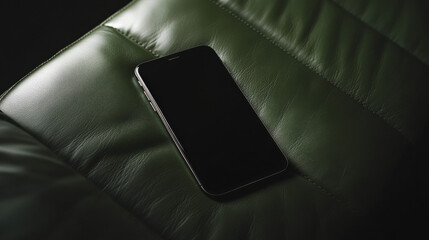 A sleek smartphone rests on a rich green leather surface, embodying modern minimalism with a dark, moody atmosphere.