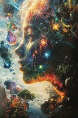 Obraz premium A portrait of a woman's face set against a backdrop of stars and planets, suggesting her connection to the cosmos