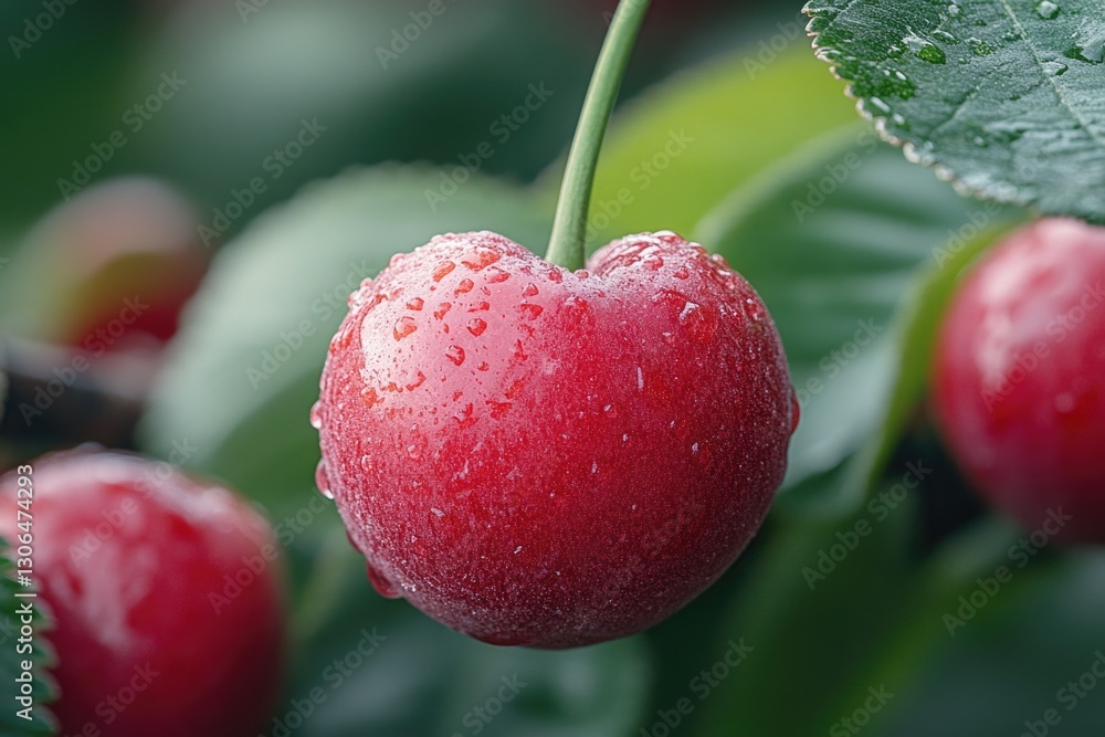 Poster a close-up view of a single cherry fruit on a tree branch, ripe and juicy
