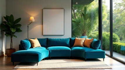 Modern Teal Sectional Sofa in Sunlit Room with Lush Greenery View and Blank Canvas