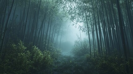 Naklejka premium Bamboo forest with misty trails, showcasing tall stalks glistening with dew