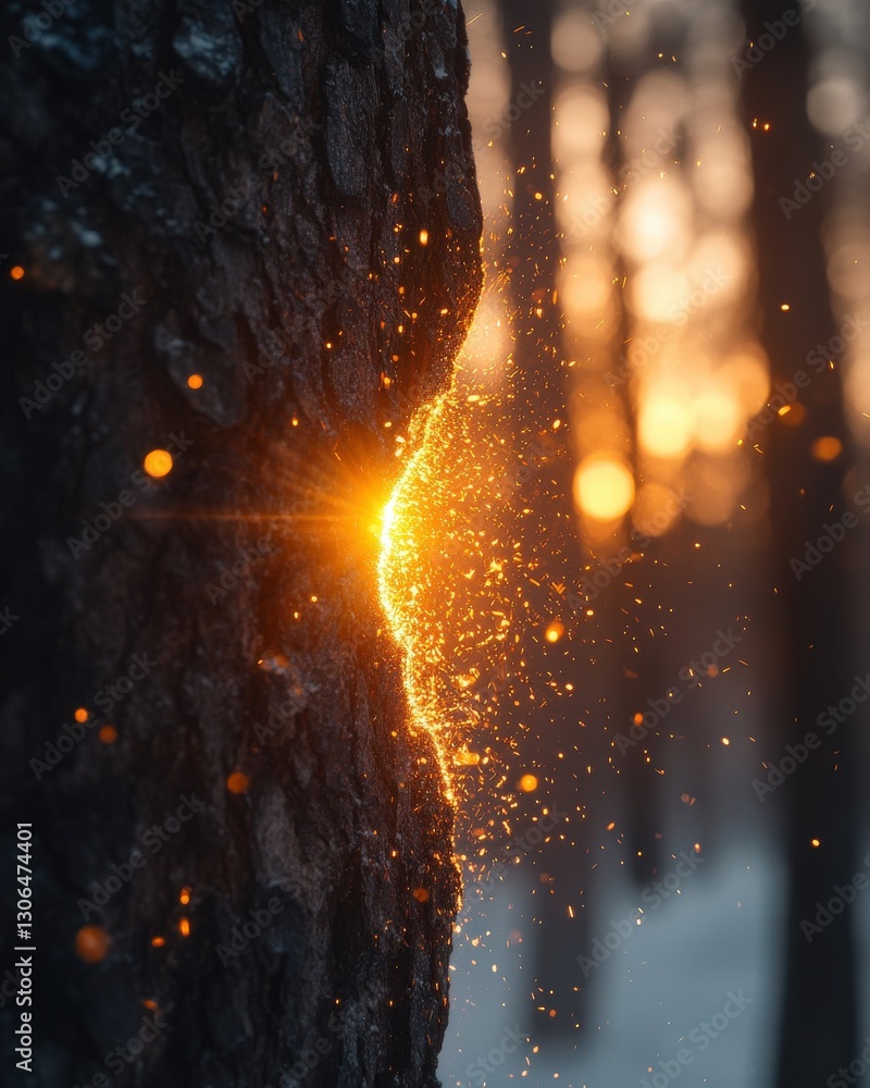 Poster magical sunset sparks illuminate a tree trunk in a winter forest, creating a mystical and enchanting