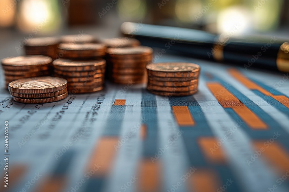 Poster a collection of coins on a table next to a writing instrument, great for business or finance-related