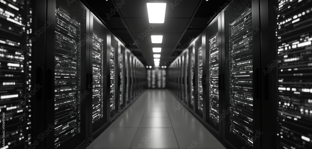 Fototapete black, white server room hosts data storage. computer networking hardware racks, cables glow. inform