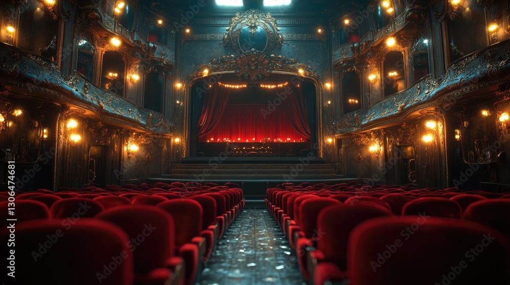 Poster a theater interior with red seats and curtains, suitable for event or performance use