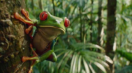 Red-eyed tree frog on tree trunk in rainforest. Nature background for wildlife posters