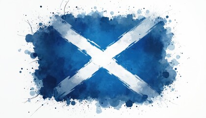 Grunge painted Scotland flag. Template for invitation, poster, flyer, banner. Abstract watercolor splashes Scottish flag Saint Andrew day concept. Blue, white colors textured background. Celebration,