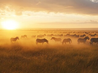 Savannah with grazing animals at dusk, highlighting the hazy view of zebras kicking up dust