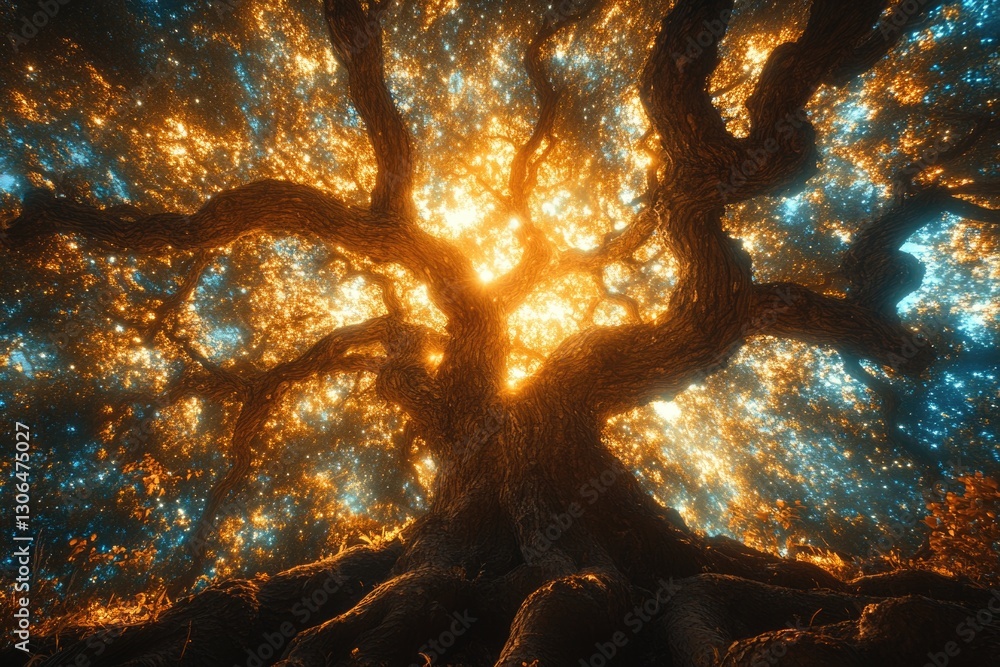 Aufkleber A tree with its branches stretching towards the sky and the warm sunlight filtering through, creating a beautiful contrast