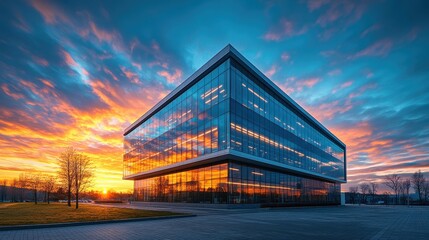 Obraz premium Modern glass office building at sunset with vibrant sky reflection in urban landscape