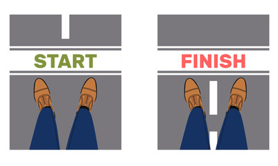 Pair feet in shoes stand front word start and finish. Man standing on road top view. Tournament and competition. Sportsground and stadium. Cartoon flat style isolated vector concept