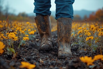 Fototapeta premium A single person stands amidst a vibrant field of yellow flowers, with the sun shining down