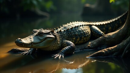 Obraz premium A young reptile basking in the warm sunlight near a tranquil body of water, its scales shimmering with a subtle iridescence, a testament to the beauty of nature's artistry.