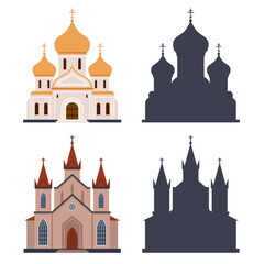 Orthodox Cathedral and Catholic Church. Religious architecture buildings. Golden domes, traditional style, gothic monastery, Abbey chapel, stone temples. Cartoon isolated vector concept