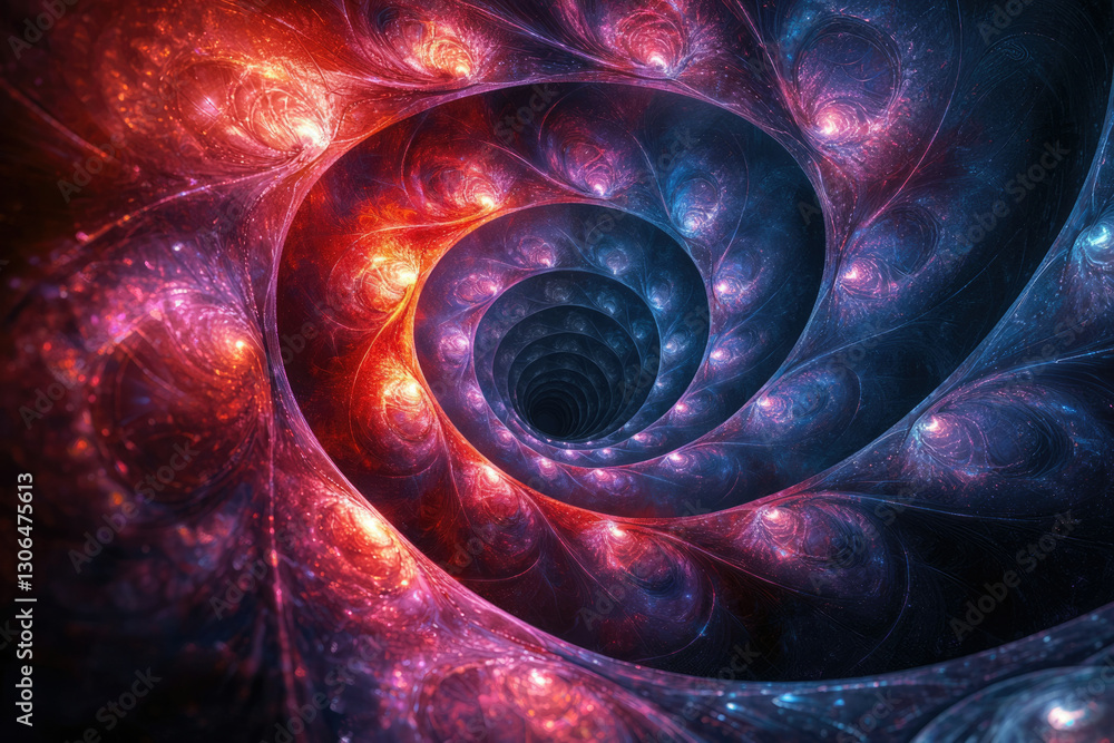 Poster A mesmerizing fractal spiral, swirling into a dark abyss. Cosmic colors and intricate patterns.