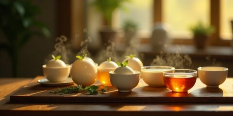 Warm beverage with creamy dessert pairings in small bowls on wooden surface