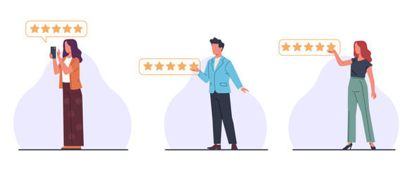 Men and women put up star ratings. People hold smartphone, clients satisfaction. App and website isolated characters. Review and feedback banner. Cartoon flat style isolated vector set