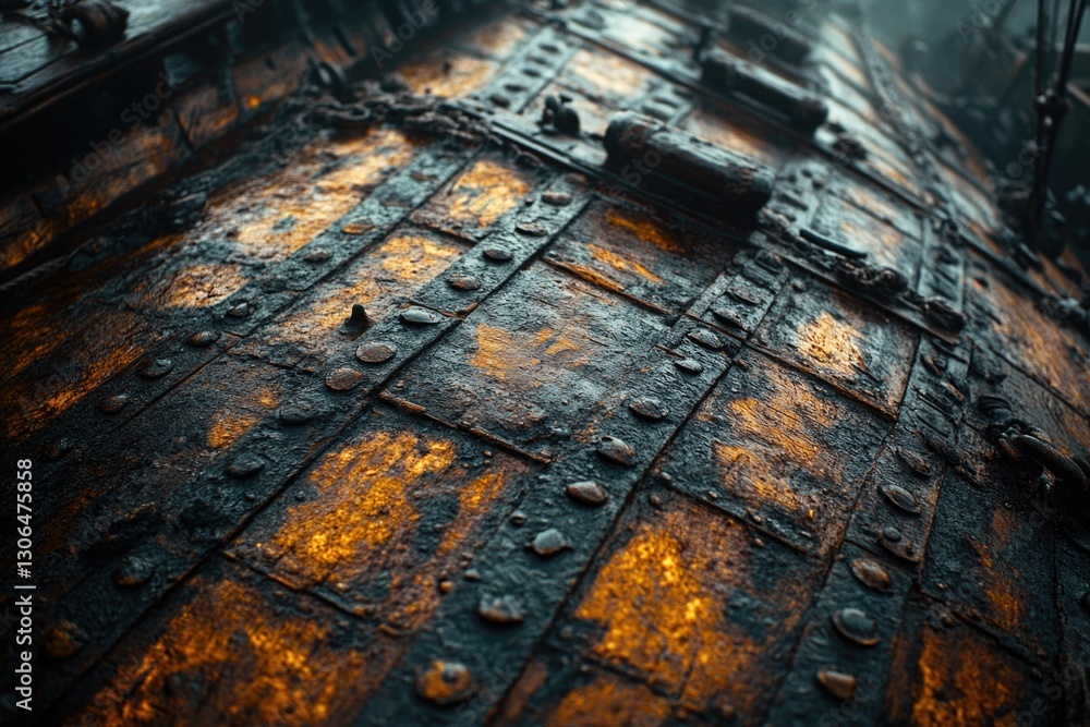 Poster a close-up shot of a rusty metal structure with intricate details, suitable for use in industrial or