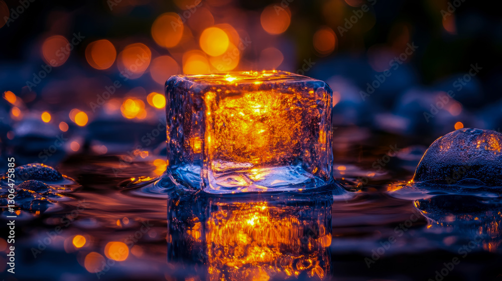 Poster frozen fire: ice cube glowing with inner light, set in water with bokeh background.
