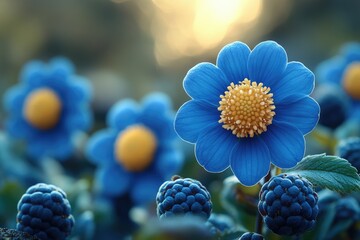 Close-up shot of a blue flower with bright yellow centers, ideal for use in botanical or nature-themed projects