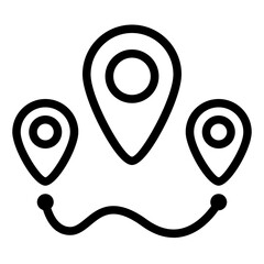 Three location pins connected by a curved line, suggesting a route or network. The style is minimalist line art with bold outlines