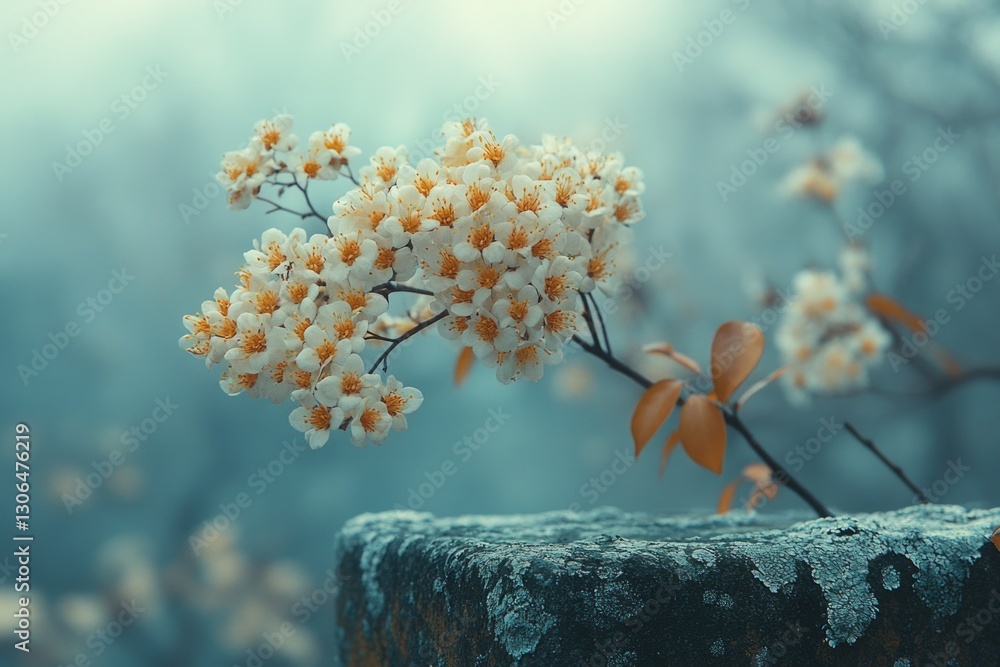 Poster close-up of a tree branch adorned with white flowers, ideal for use in still life or nature photogra