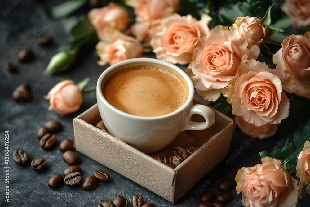 Poster A single serving of hot coffee placed on a table with a clean and simple background