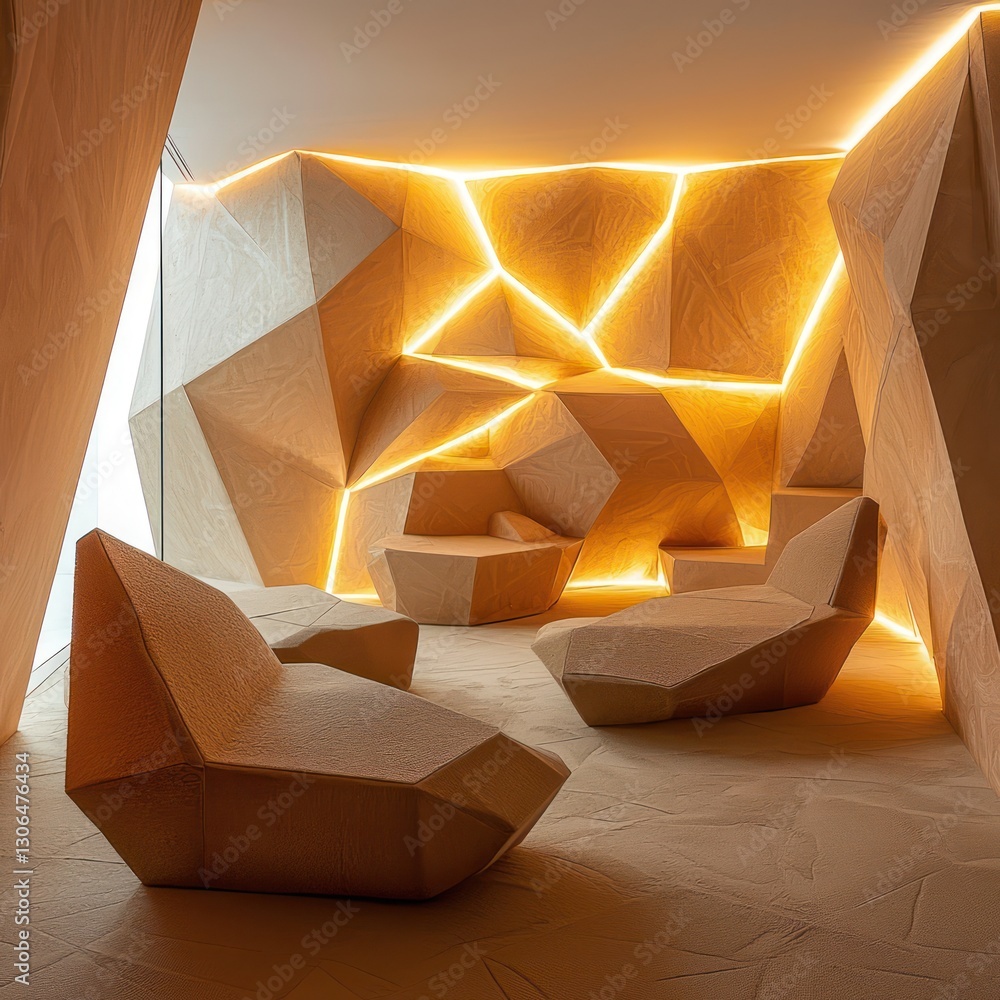 Poster geometric shapes under dynamic lighting create a modern vibe in soft coir.