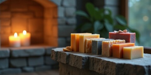 Aromatic handcrafted soaps arranged on a stone surface near a warm fireplace, creating a serene and inviting atmosphere of relaxation and tranquility.