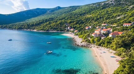 Fototapeta premium A hidden turquoise beach lies beneath Lubenice village on the beautiful Cres Island in Croatia.