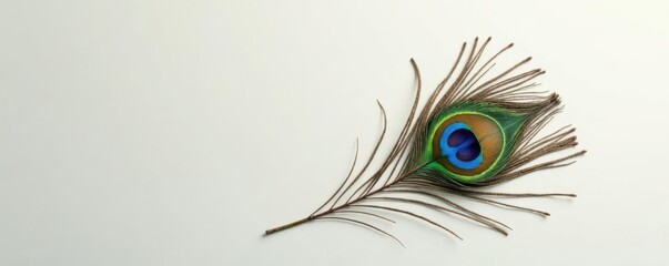 Obraz premium A solitary peacock feather against a neutral background, clean, subtle