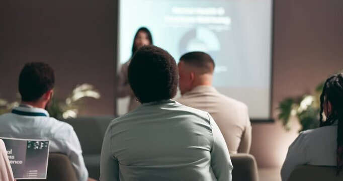 Business people, convention or presentation with question in audience for interaction, feedback or engagement at office. Group, speaker or employee with hands raised for proposal or speech at seminar