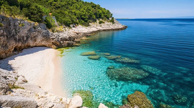 A hidden turquoise beach lies beneath Lubenice village on the beautiful Cres Island in Croatia.