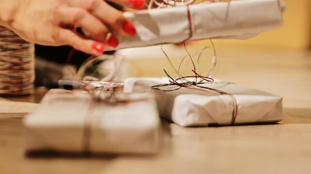 Stacking and arranging wrapped gifts with rustic twine on a smooth wooden floor