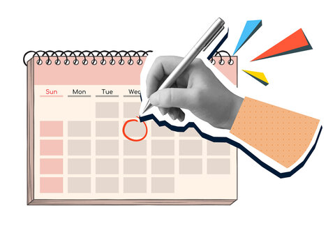 A black and white hand puts a mark in a calendar. Modern photo collage style. Illustration on transparent background