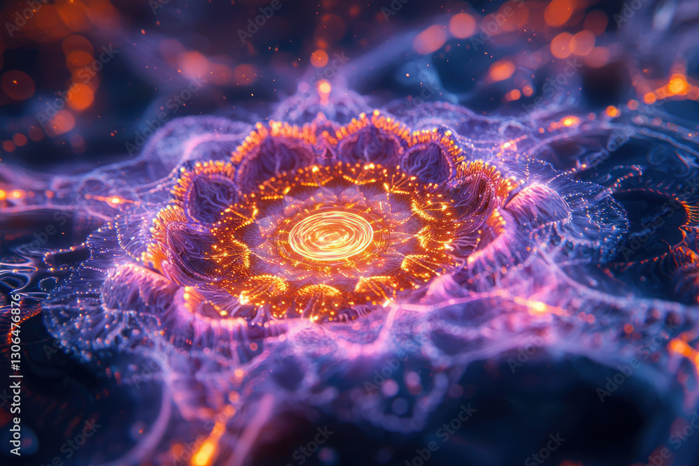 Poster abstract fractal art depicting a vibrant, glowing mandala-like structure with swirling, luminous pat
