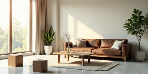 Modern minimalist living room design with brown leather sofa, wooden coffee table, and natural sunlight streaming through large window