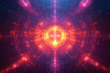 Obraz premium Glowing neon cross in a vibrant, circular, digital tunnel, radiating energy and light.