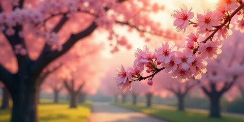 Naklejka premium A picturesque avenue lined with blossoming trees, bathed in the warm glow of sunrise, showcasing delicate pink flowers in full bloom, creating a serene and idyllic springtime scene.