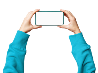 Isolated green smart phone in horizontal position in woman's hands in light blue sleeves.