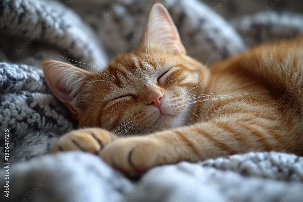 Poster a cat resting on a soft blanket with its eyes shut, ready for a nap