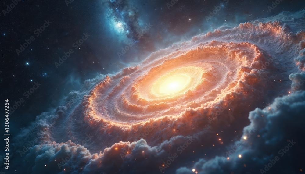 Poster view from space of spiral galaxy with clouds, nebulae and stars. swirl galaxy with glowing core, vor