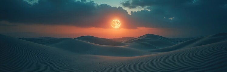 Sand dunes landscape at dusk with dramatic sky. Full moon glows above rolling sandhills. Tranquil scene of desert wilderness. Serene nature background. Remote solitude atmosphere. Sunset afterglow
