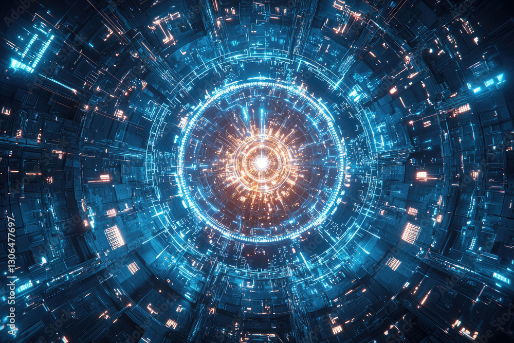 Poster futuristic digital tunnel with glowing neon lights and intricate circuitry, showcasing technological