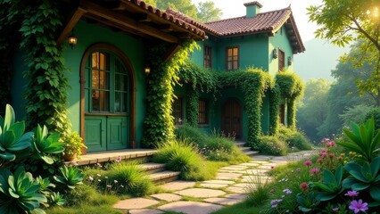 Fototapeta premium Serene Green Houses with Lush Foliage and Stone Pathway in a Tranquil Garden Setting