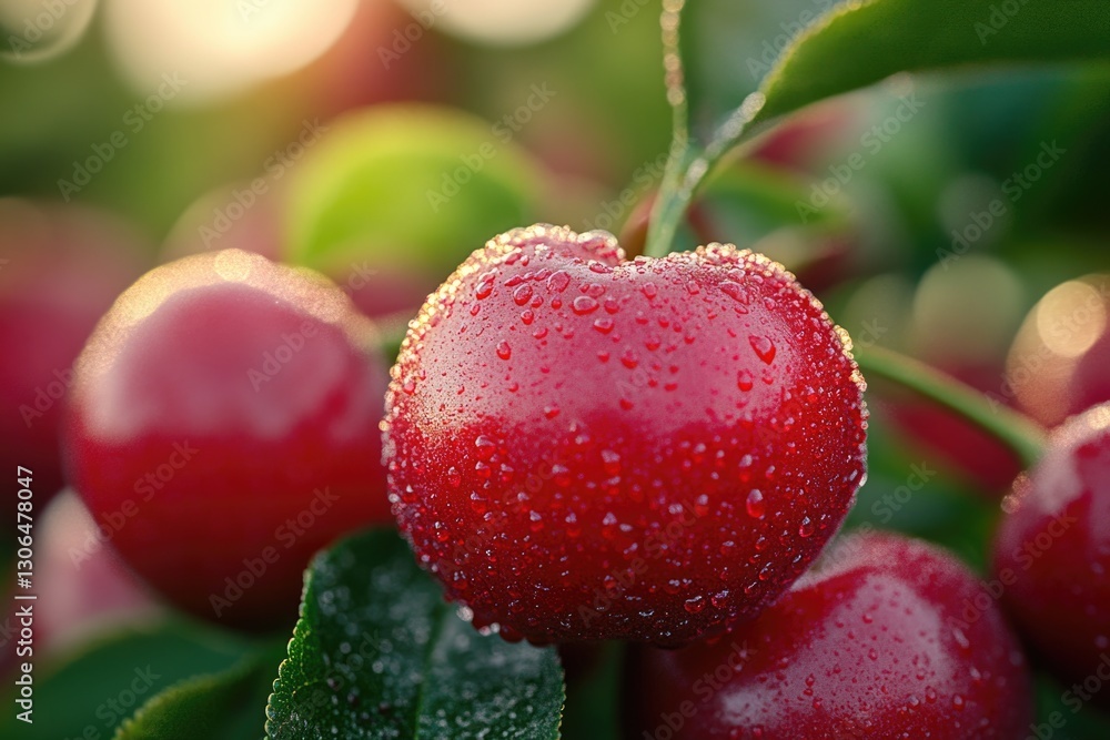 Poster a close-up shot of ripe cherries hanging from a tree branch, perfect for use in food or nature-relat