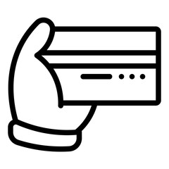 A hand holds a credit card. The image is a simple line drawing, featuring a cartoonish hand and a rectangular credit card with stylized details. The style is clean and minimalist, with bold outlines