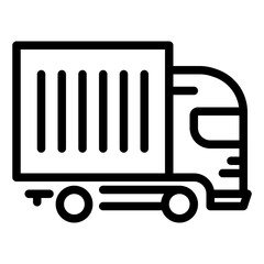 Line art illustration of a delivery truck, depicting a cargo container on a chassis with wheels, moving quickly as suggested by motion lines. The style is simple and clean, suitable for retail and